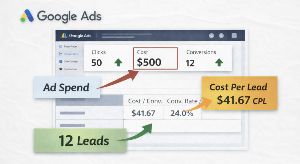 Example of Google Ads cost per lead