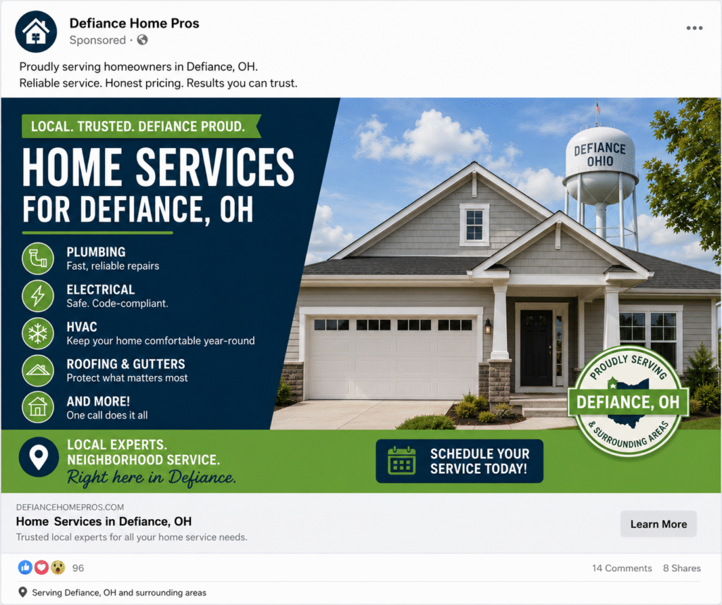Example of Digital Marketing Facebook ad for Business that does Plumbing, Electrical, HVAC Roofing in Defiance Ohio